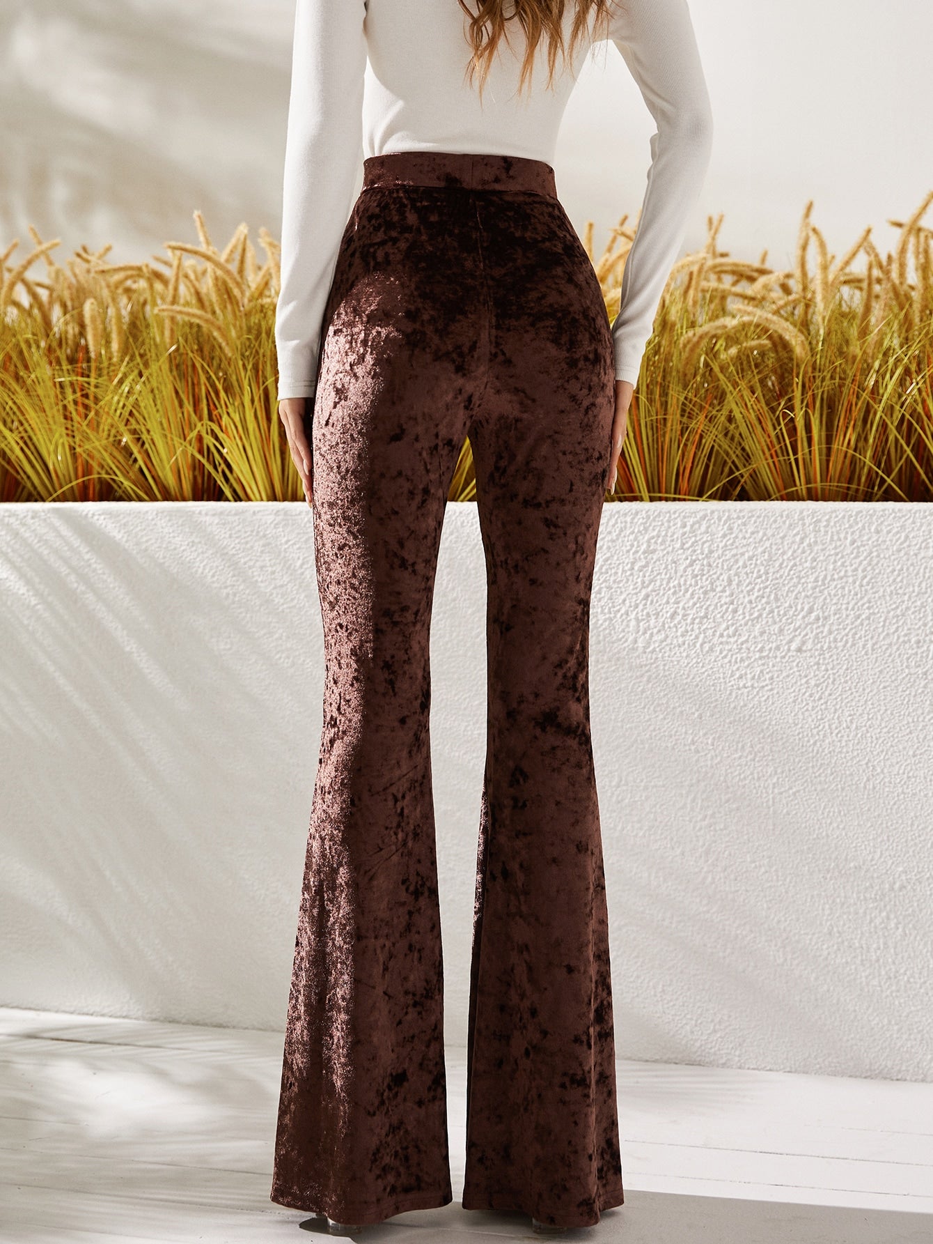 High Waist Slit Hem Velvet Flare Leg Pants