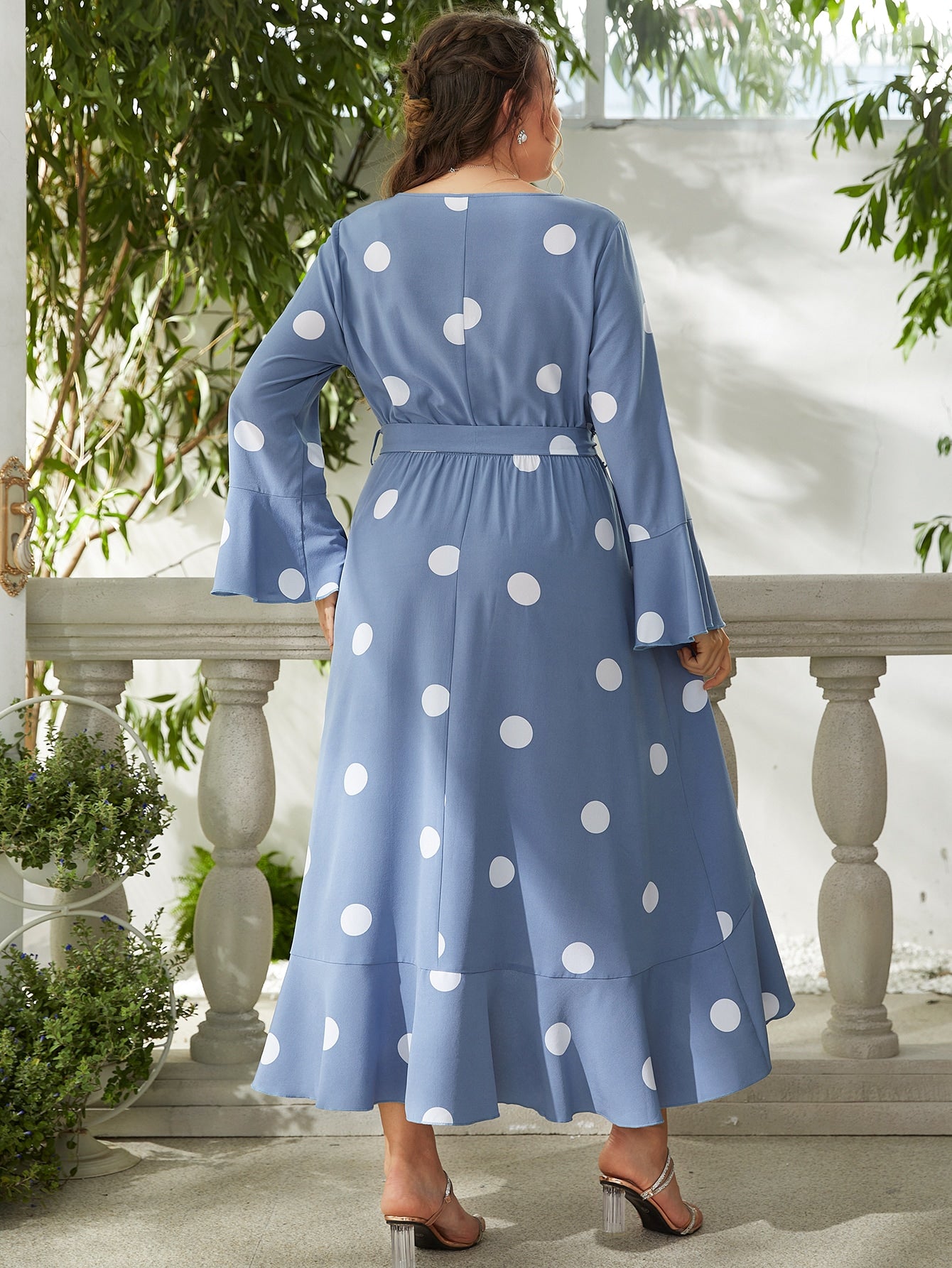 Plus Polka Dot Flounce Sleeve Ruffle Trim Wrap Hem Belted Dress