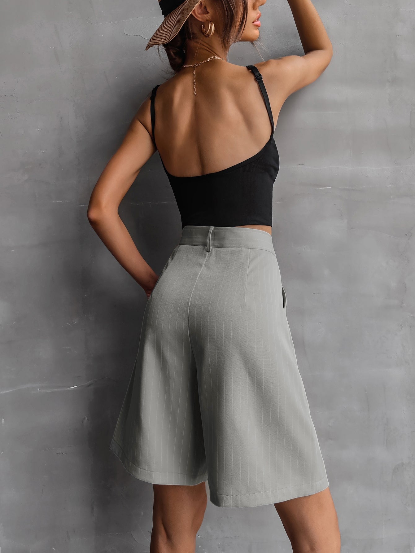 Pinstriped Plicated Wide Leg Tailored Shorts