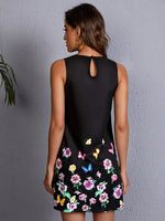 Butterfly & Floral Print Keyhole Back Dress