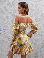 Cold Shoulder Floral Print Ruffle Trim Flounce Sleeve Dress