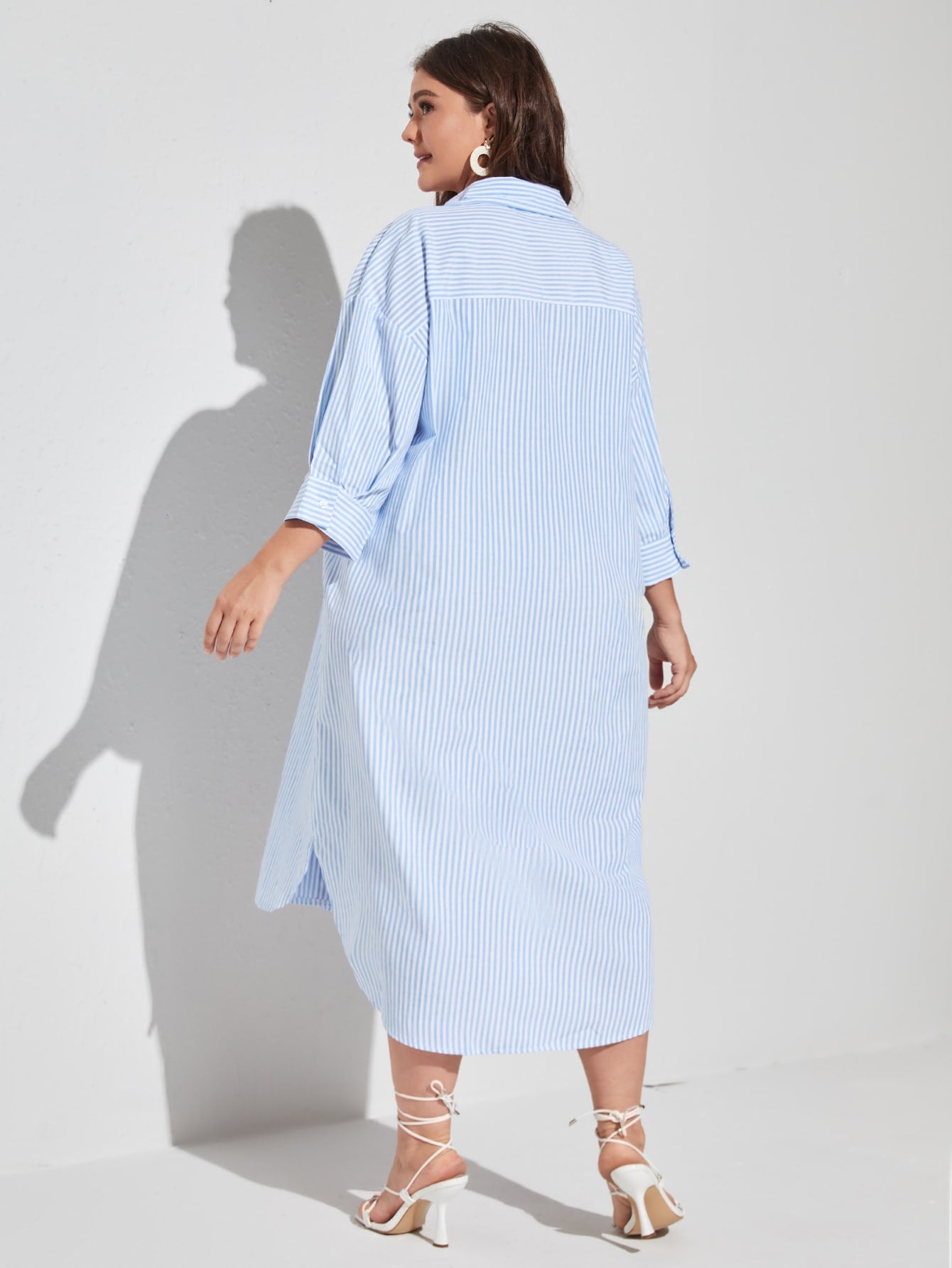 Plus Striped Drop Shoulder Button Front Shirt Dress