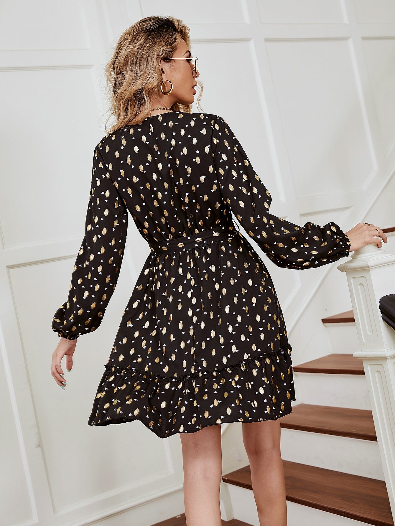 Heart And Golden Dot Bishop Sleeve Ruffle Hem Belted Dress