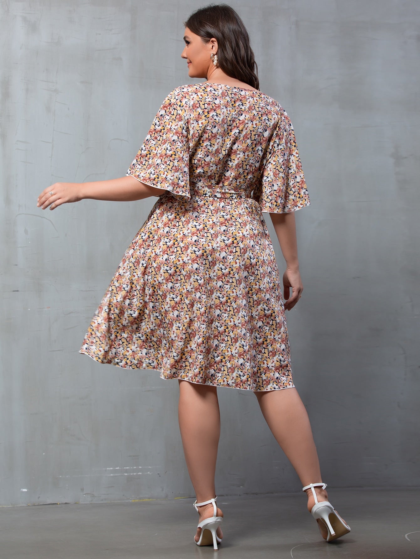 Plus Ditsy Floral Flutter Sleeve Wrap Belted Dress