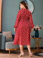 Plus Ditsy Floral Print Lantern Sleeve Tie Side Wrap Dress