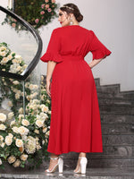 Plus Flounce Sleeve Wrap High Low Hem Belted Dress