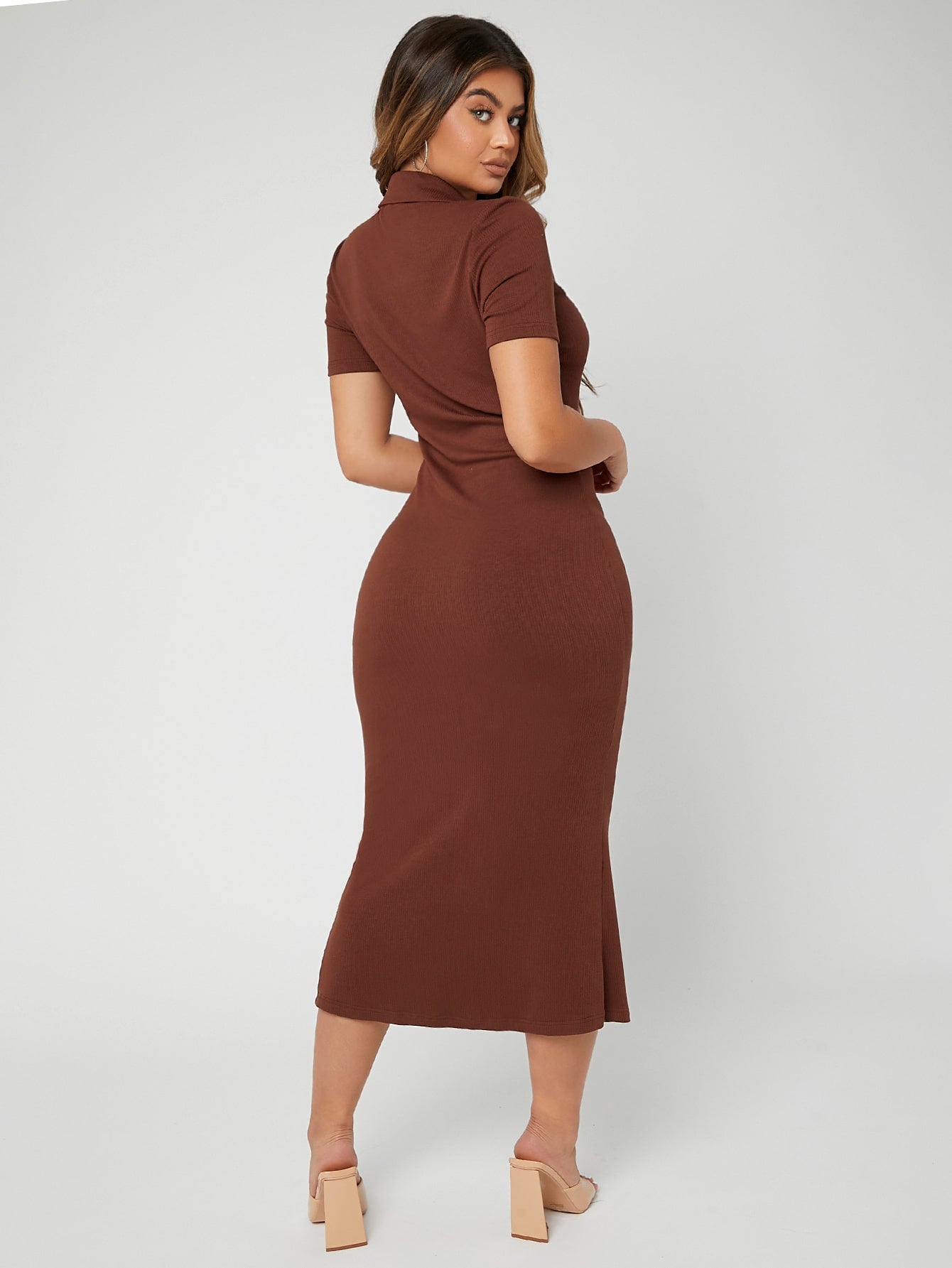 Solid Button Through Ribbed Knit Bodycon Dress