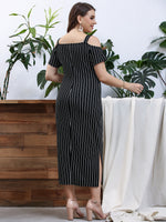 Plus Striped Print Cold Shoulder Fitted Dress