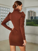 High Neck Gigot Sleeve Bodycon Dress Without Belt