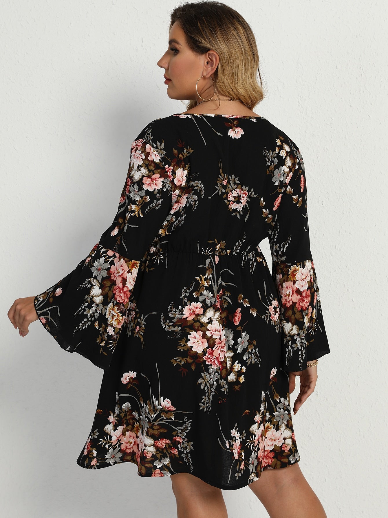 Plus Floral Print Surplice Neck Flounce Sleeve Dress