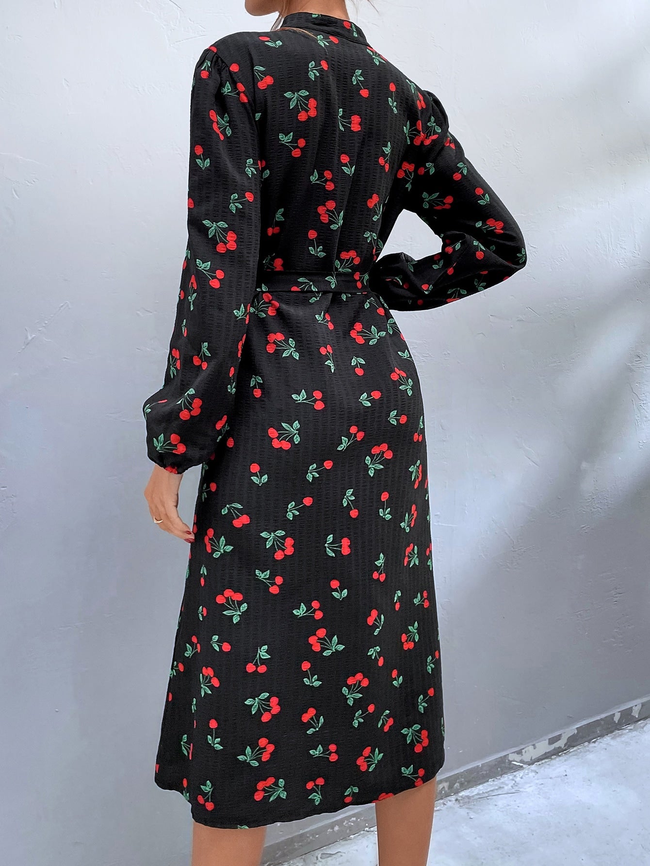 Cherry Print Lantern Sleeve Belted Dress