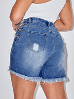 Plus Chain Eyelet Lace Up Knot Ripped Denim Shorts