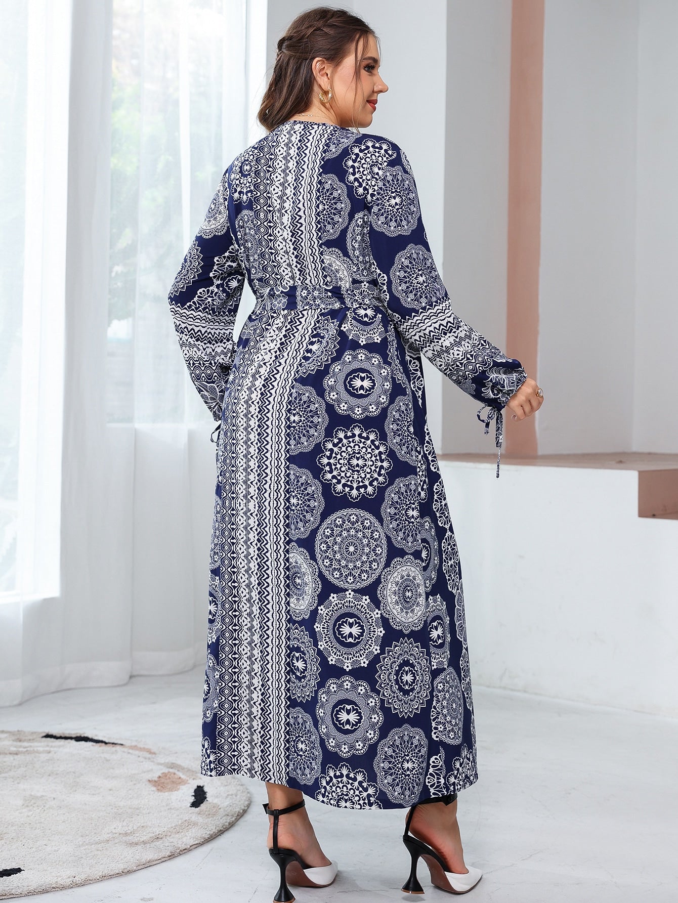 Plus Mandala Print Tie Neck Lantern Sleeve Belted Dress