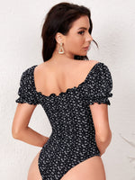 Square Neck Ditsy Floral Print Frill Trim Puff Sleeve Bodysuit