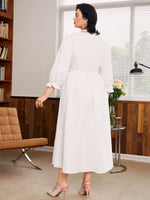 Plus Square Neck Eyelet Embroidery Frill Trim Flounce Sleeve Dress