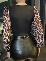 Contrast Leopard Puff Sleeve Bodysuit