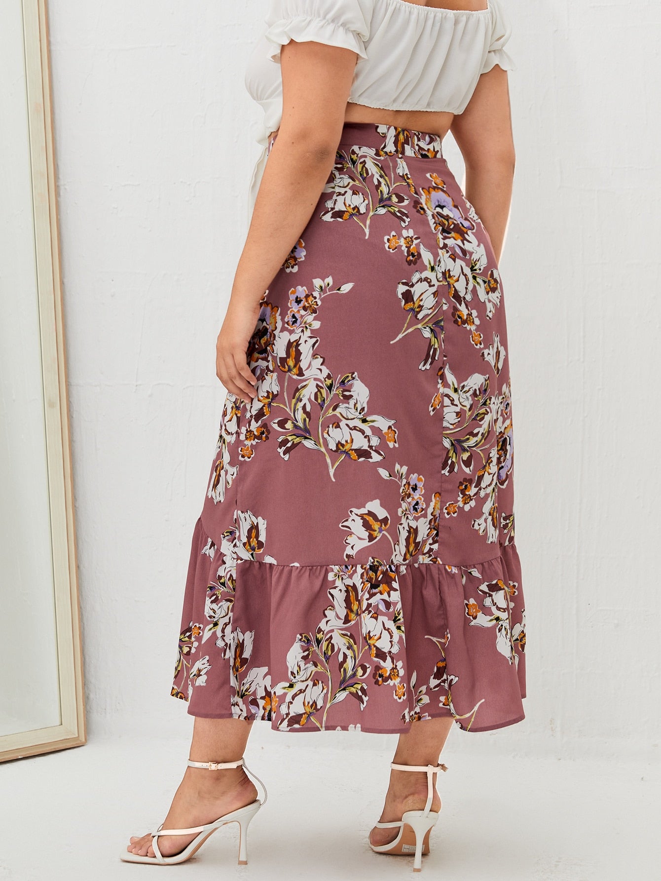 Plus Floral Print Ruffle Hem Skirt