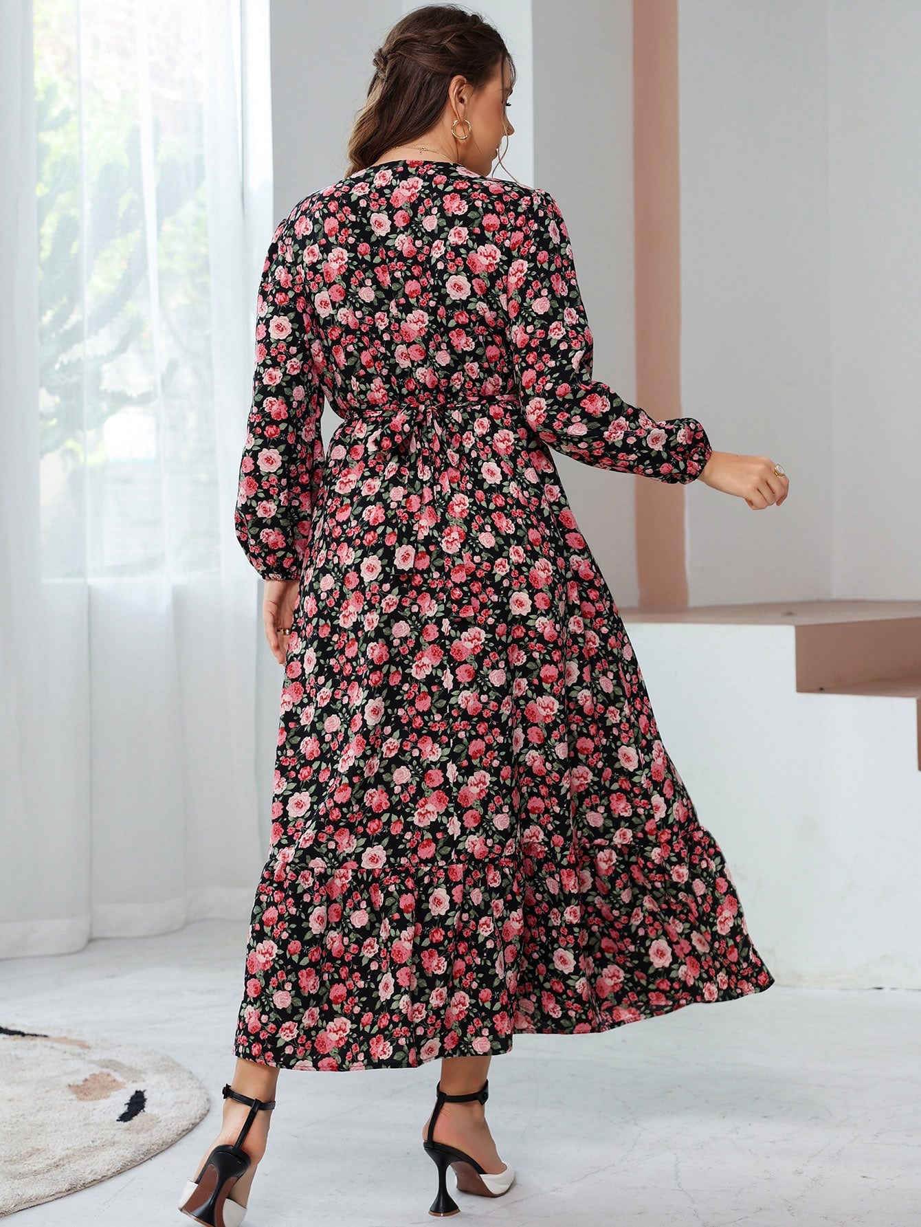 Plus Allover Floral Print Lantern Sleeve Ruffle Hem Belted Dress