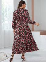 Plus Allover Floral Print Lantern Sleeve Ruffle Hem Belted Dress