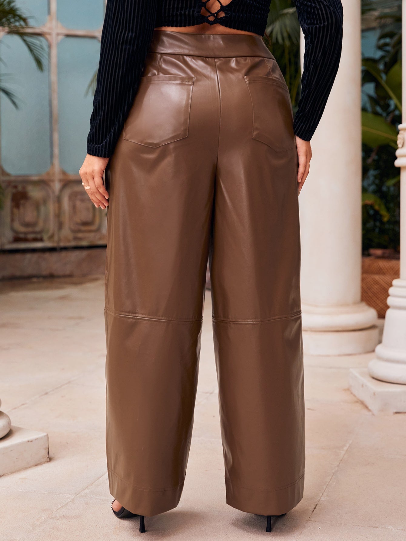 Plus Flap Pocket O-ring Zip Front PU Leather Wide Leg Pants