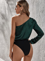 Jacquard One Shoulder Gigot Sleeve Satin Bodysuit