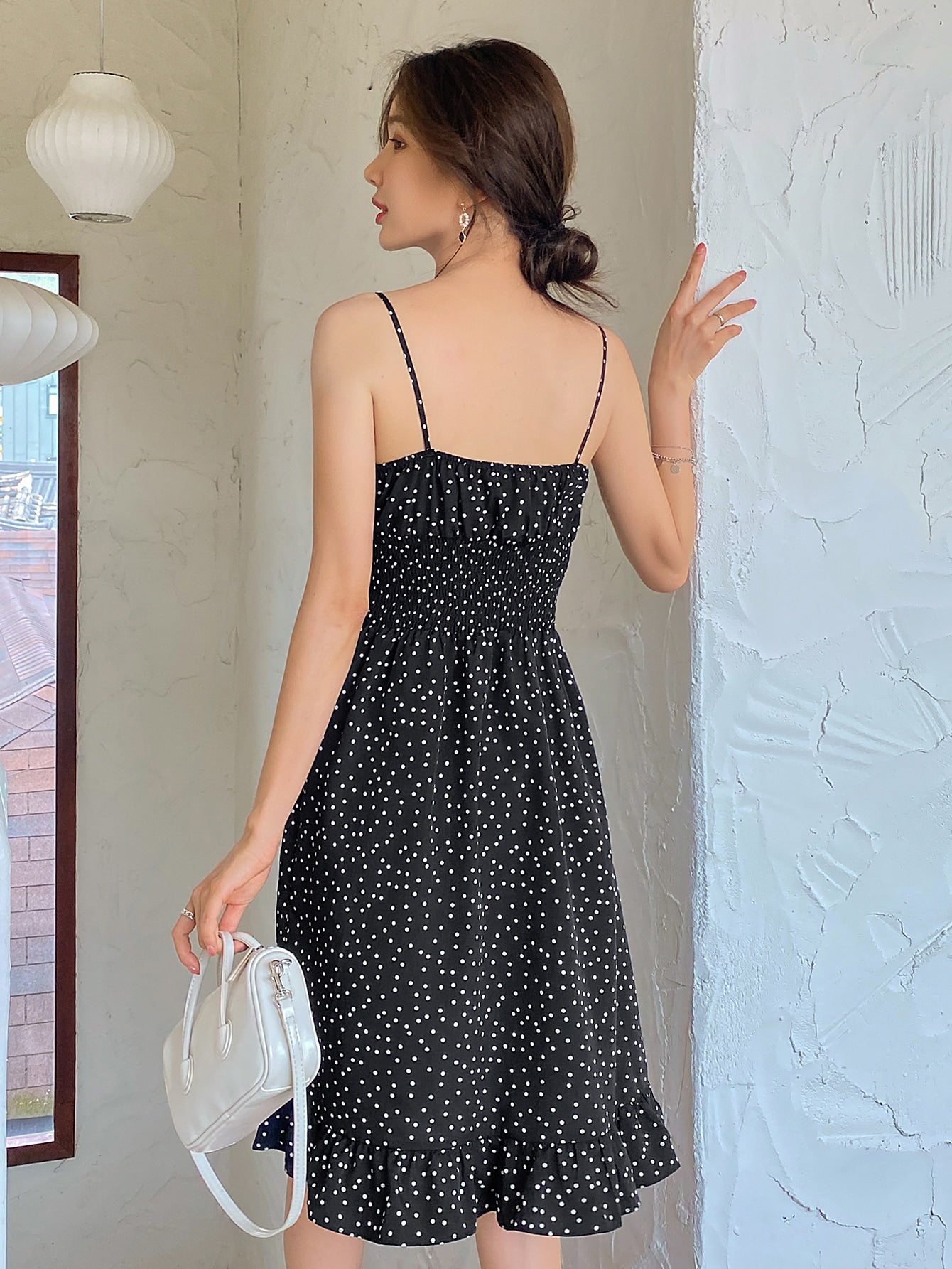 Polka Dot Print Shirred Waist Ruffle Hem Cami Dress