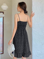 Polka Dot Print Shirred Waist Ruffle Hem Cami Dress