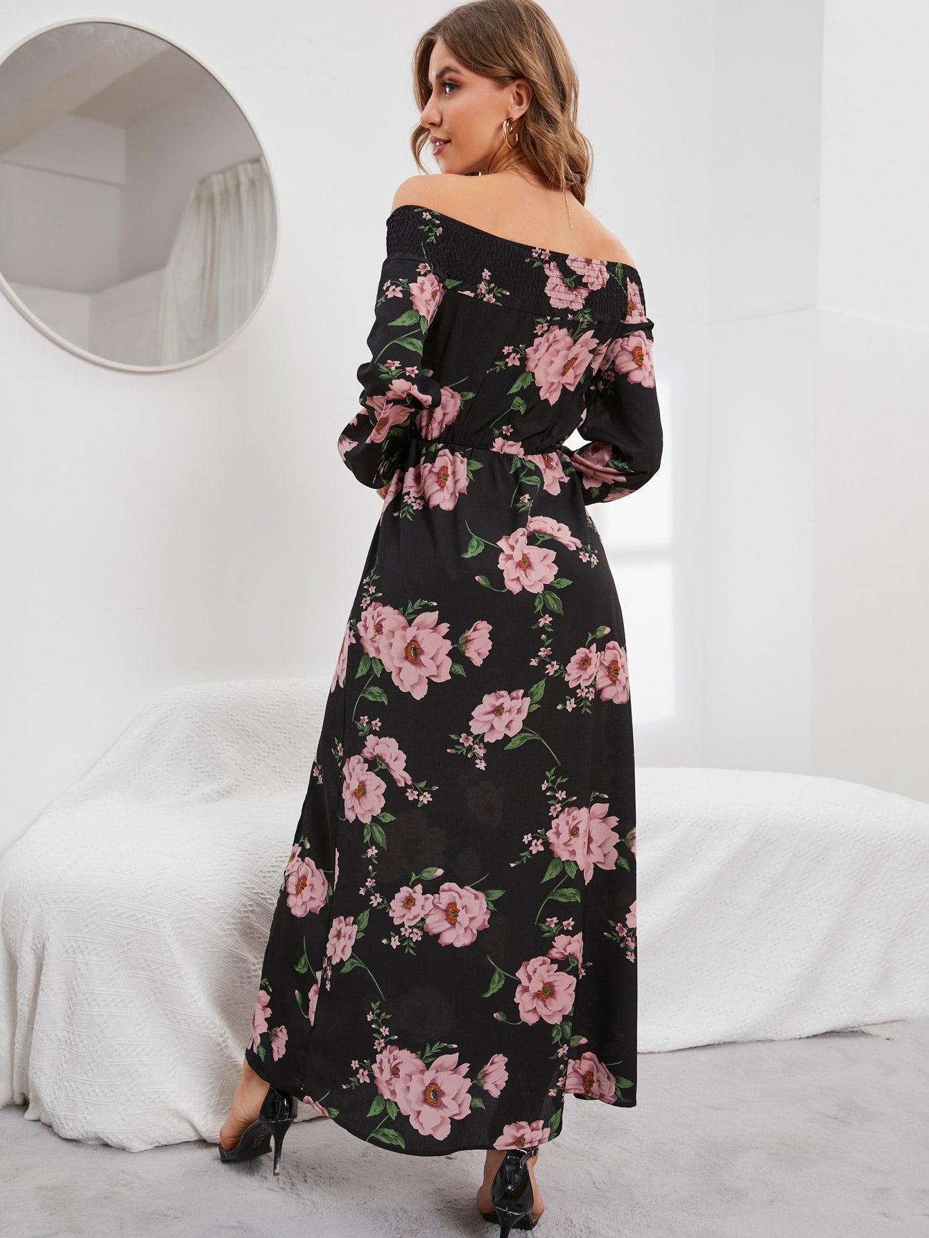 Floral Print Off Shoulder Split Thigh Dress