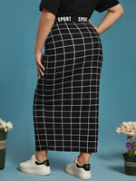 Plus Grid Print Letter Tape Waist Pencil Skirt