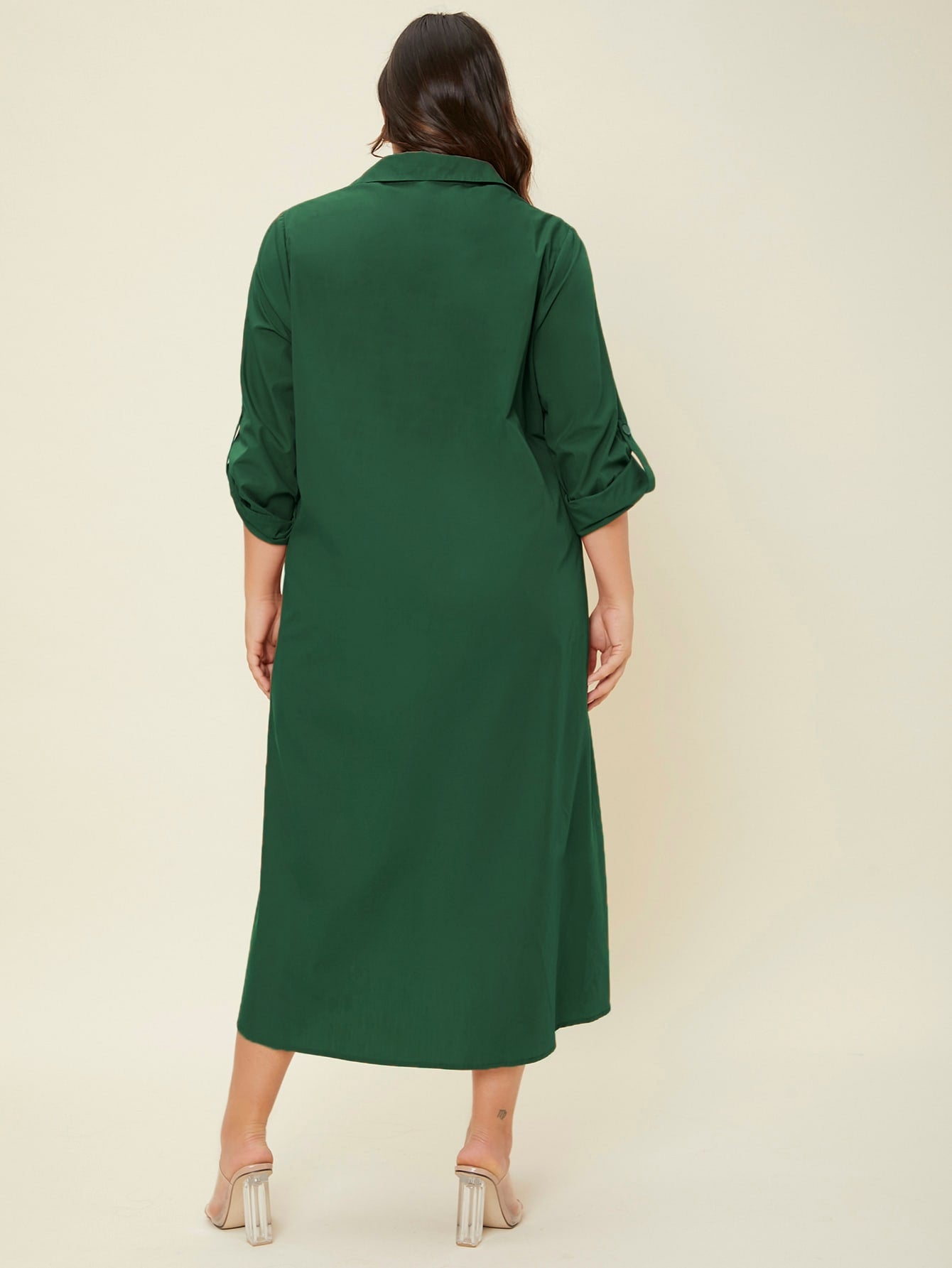 Plus Slit Hem Roll Tab Sleeve Shirt Dress