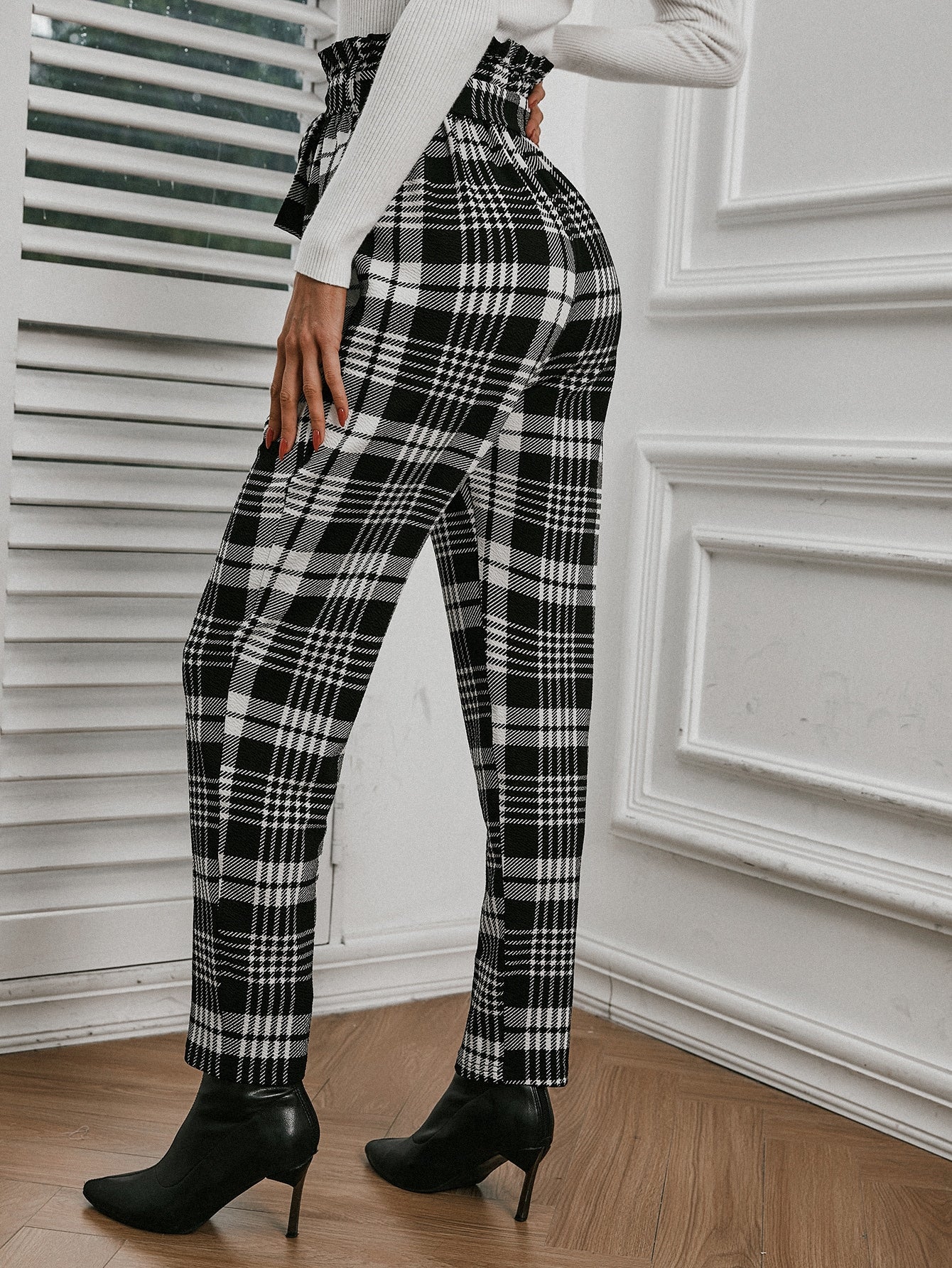 Paper Bag Waist Plaid Belted Pants