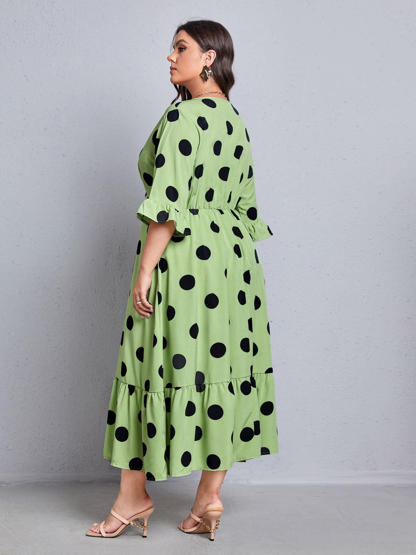 Plus Polka Dot Flounce Sleeve Ruffle Hem Dress