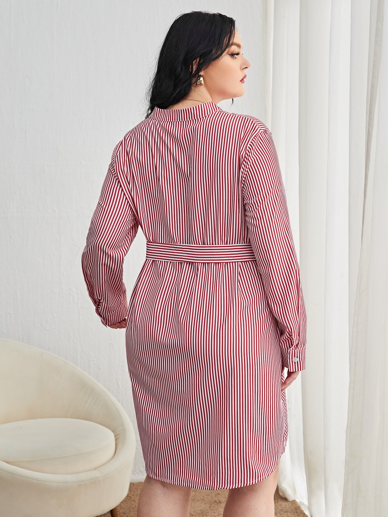 Plus Notch Neck Striped Print Belted Dress