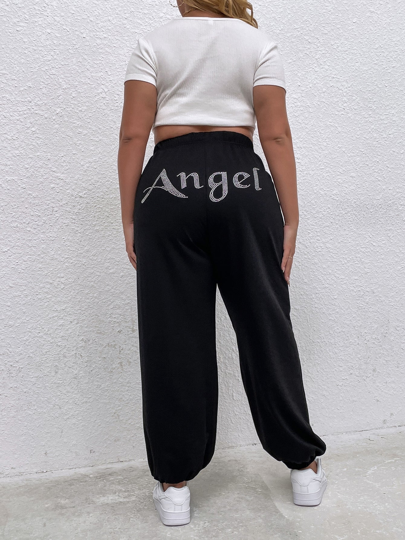 Plus Rhinestone Letter Elastic Waist Sweatpants