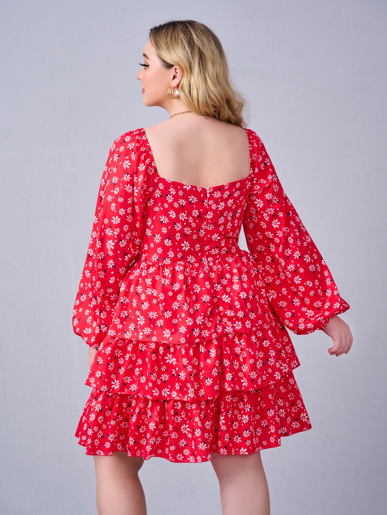 Plus Floral Print Lantern Sleeve Layered Hem Dress