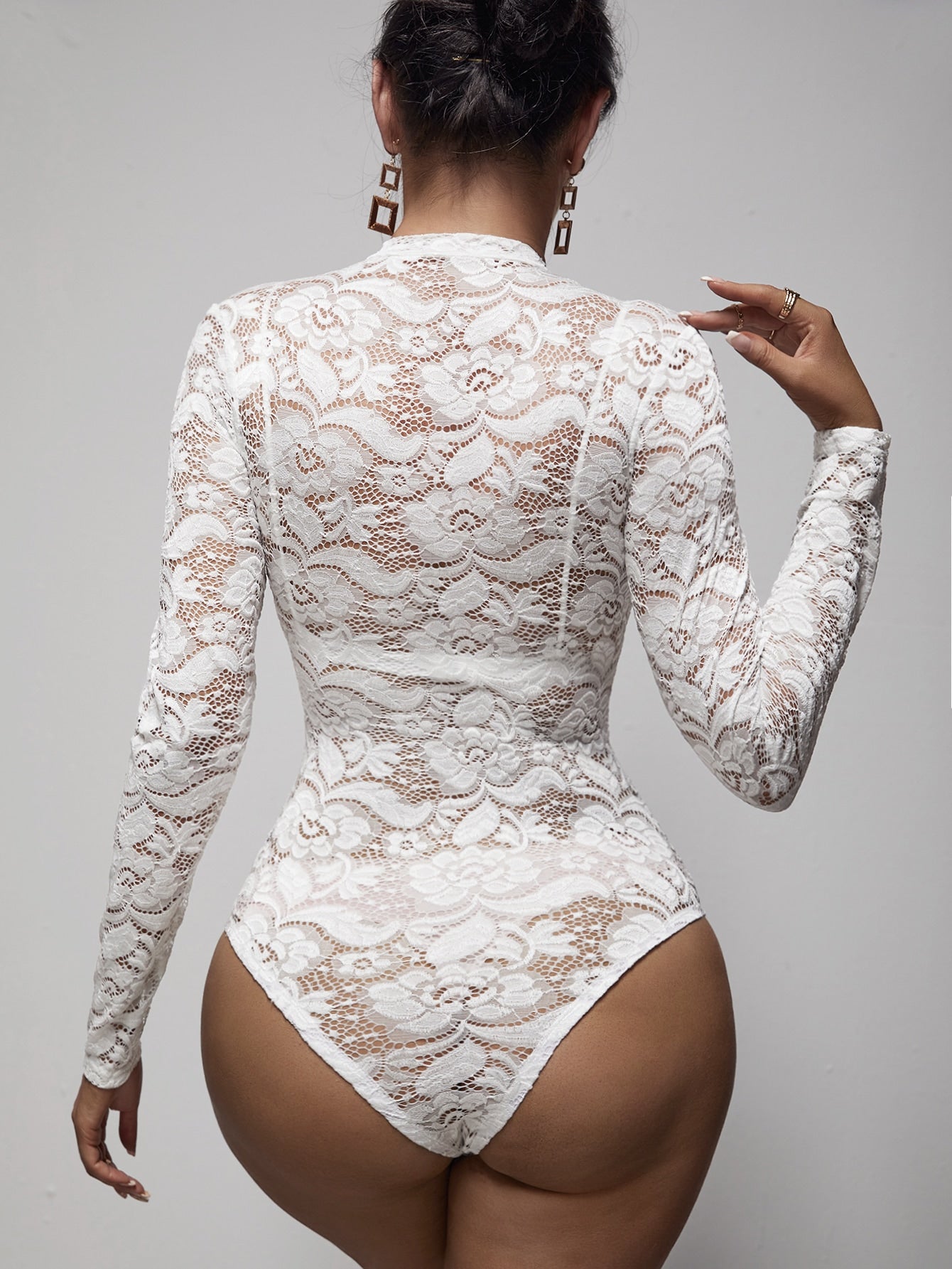 Mock Neck Sheer Lace Bodysuit Without Bra