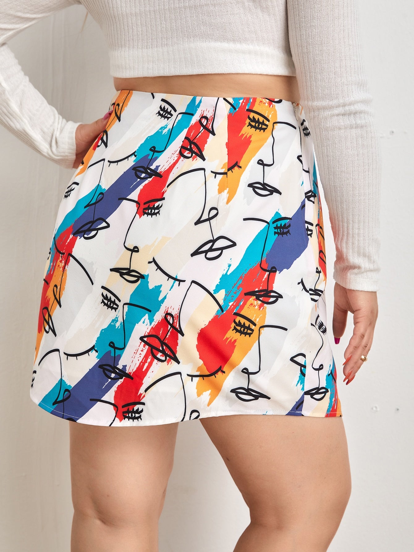 Plus Figure & Brush Print Skirt