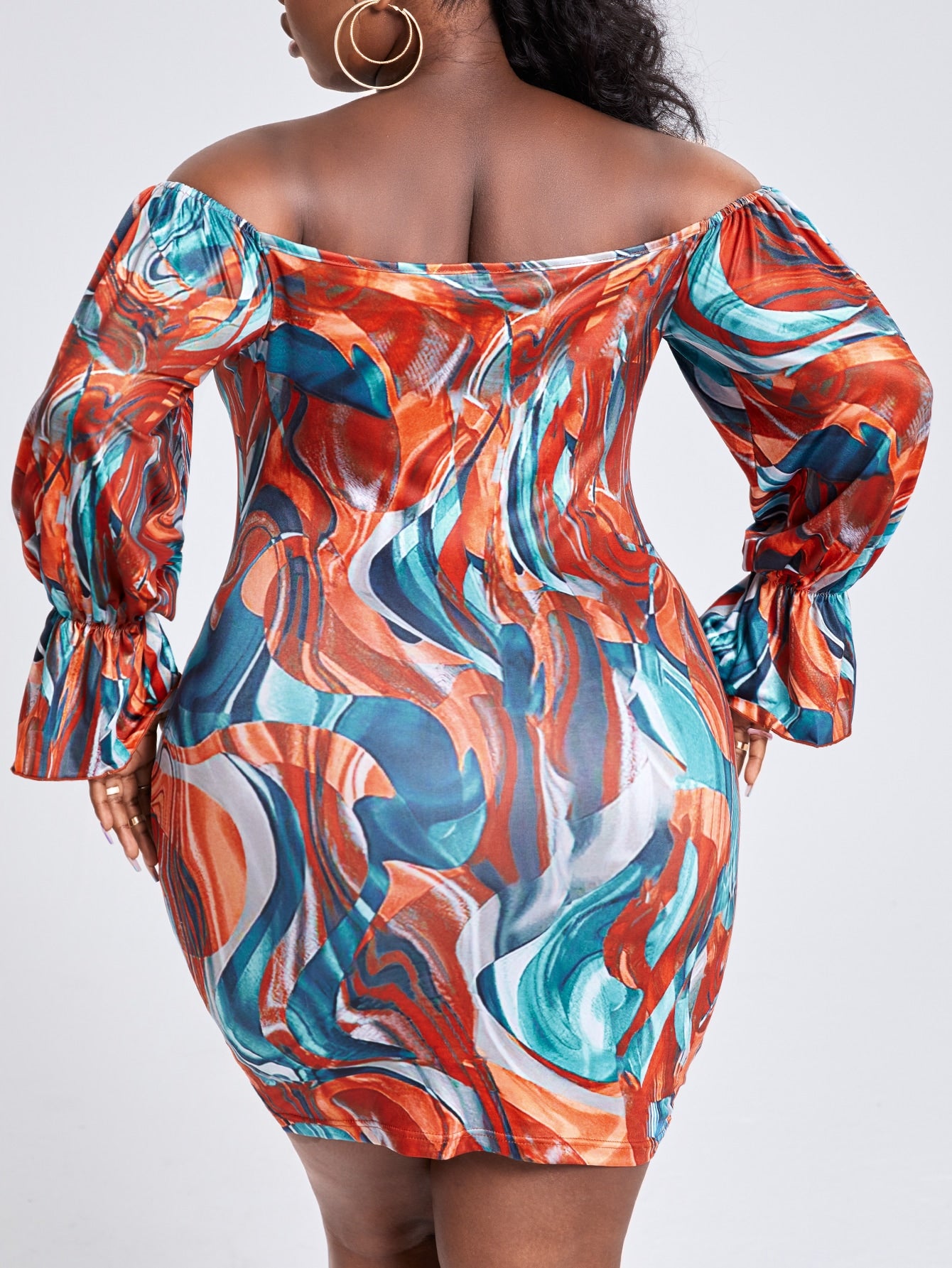 Plus Allover Print Off Shoulder Drawstring Bodycon Dress