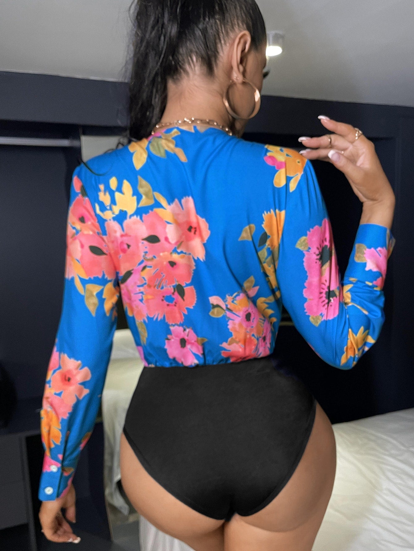 Floral Print Plunging Neck Bodysuit