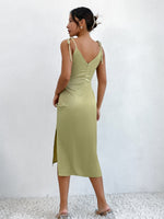 Ruched Front Split Thigh Knotted Shoulder Satin Cami Dress