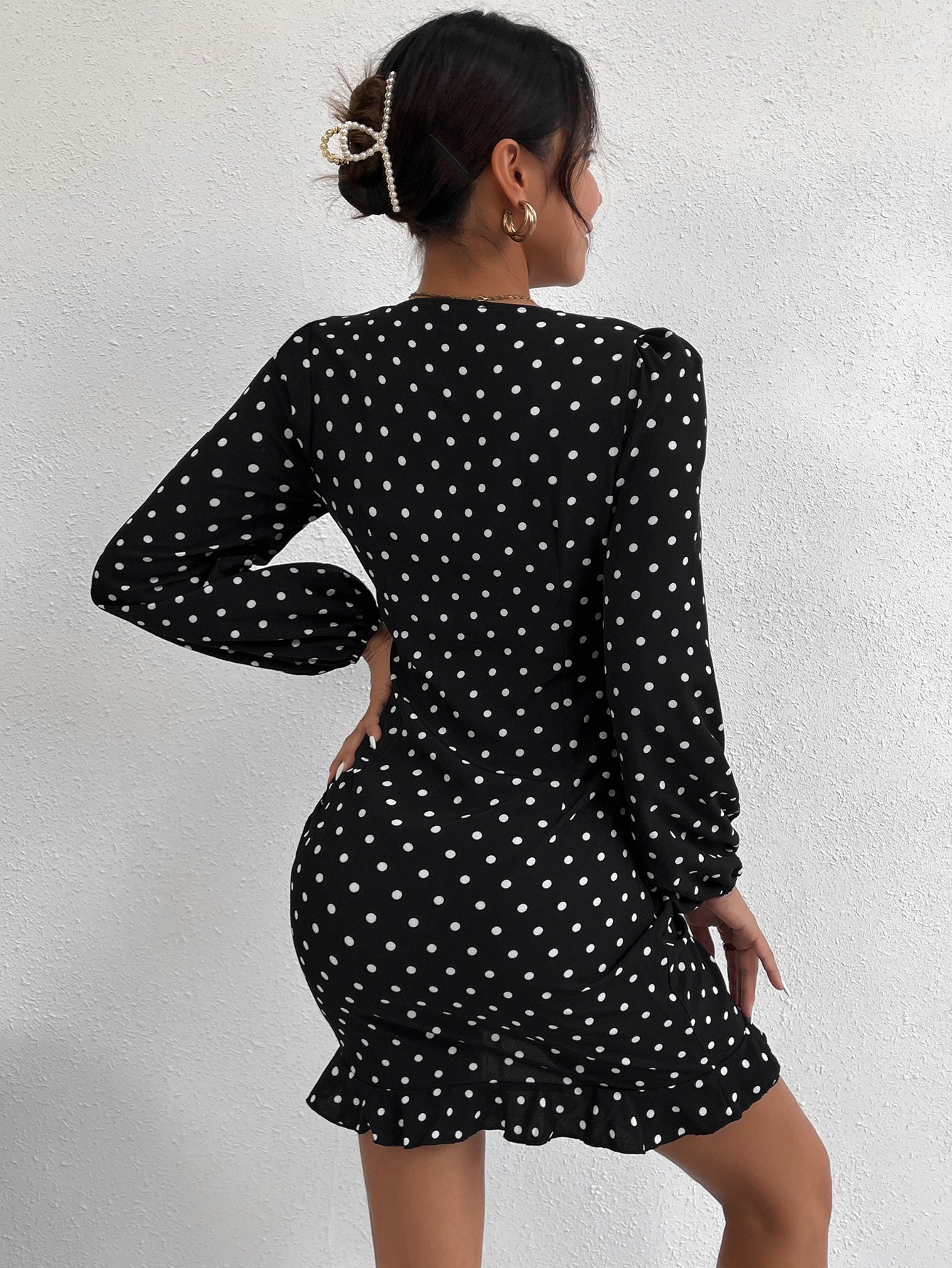 Polka Dot Lantern Sleeve Drawstring Ruffle Hem Dress