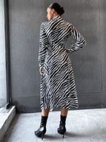 Zebra Striped Surplice Neck Ruffle Hem Dress