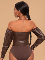 Off Shoulder Twist Front PU Leather Bodysuit