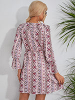 Floral & Geo Print Flounce Sleeve Tie Front Ruffle Trim Dress