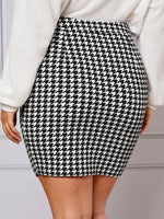 Plus Houndstooth Flap Pocket Single Breasted Bodycon Skirt