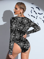 Deep V-neck Halloween Spider Net Print Bodysuit