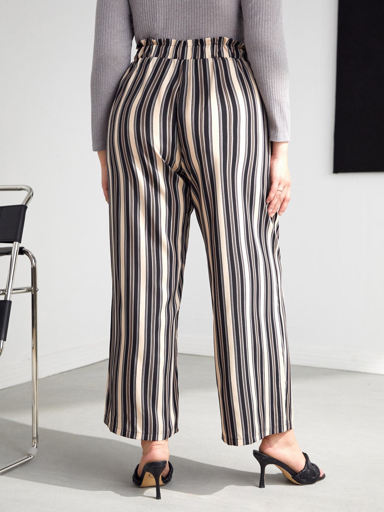 Plus Striped Print Paperbag Waist Pants