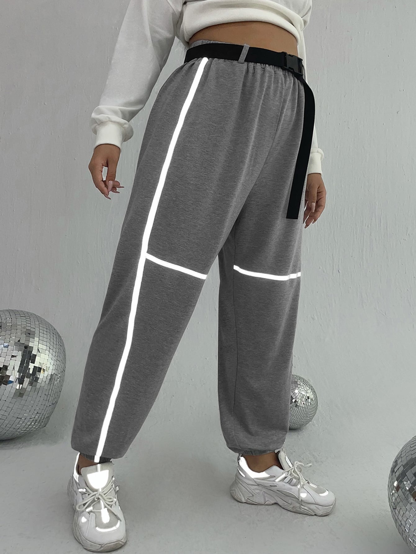 Plus Reflective Contrast Binding Belted Sweatpants