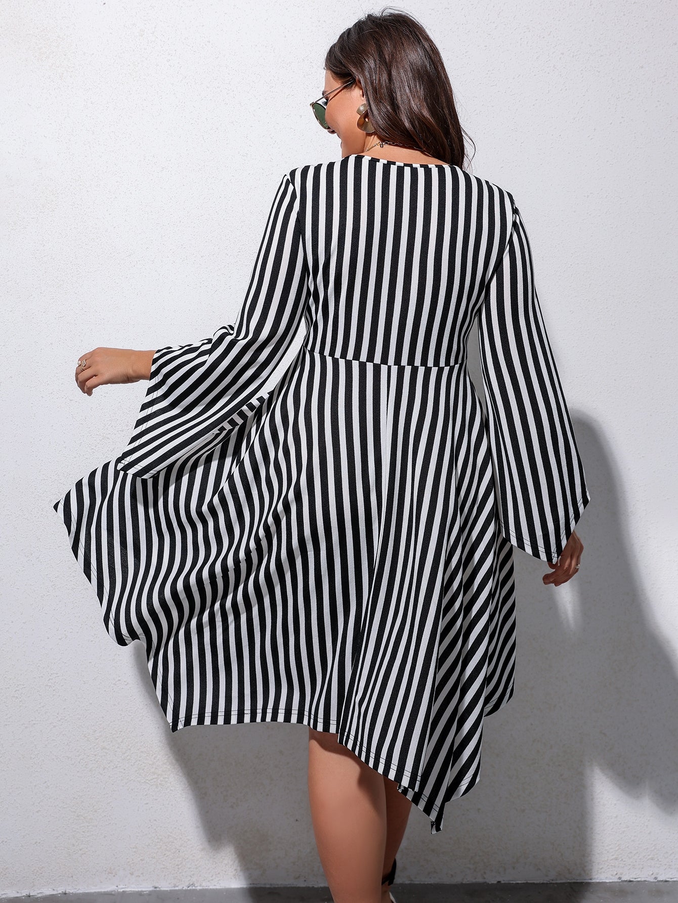 Plus Striped Square Neck Hanky Hem Dress