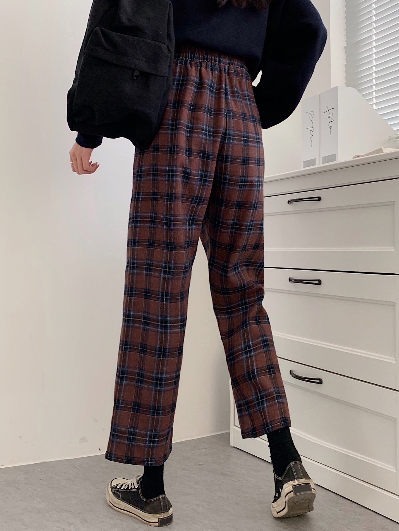 High Waist Plaid Thermal Lined Pants